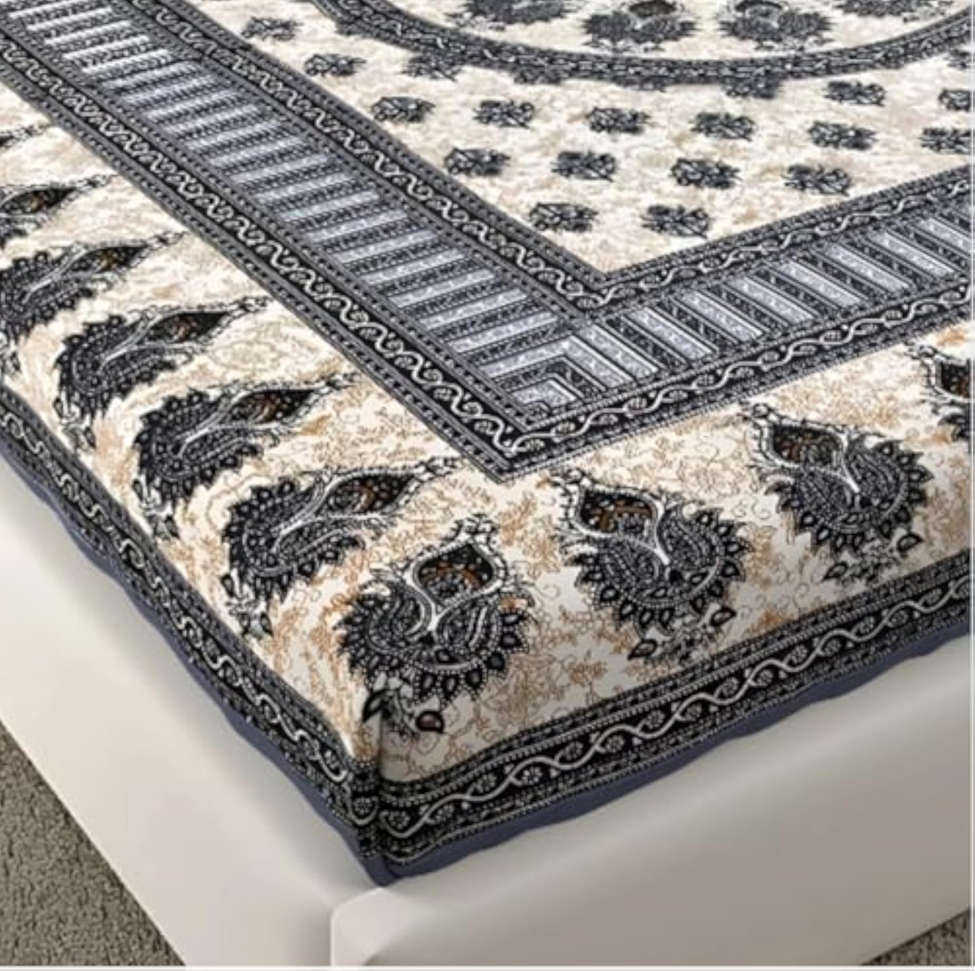 Cotton Bedsheet with 2 Pillow Covers, Blue and Beige Paisley Print